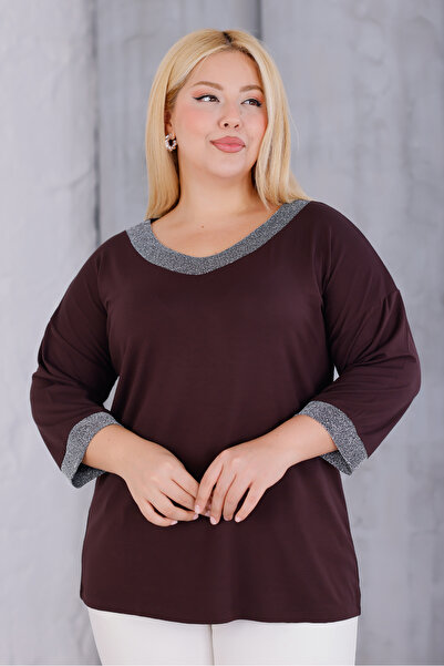 MAG FASHİON Women's Plus Size V-Neck Coffee Color Blouse Collar Sleeve Silver Glitter
