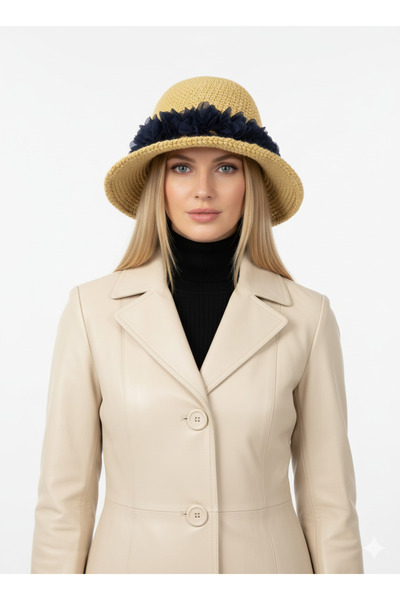 drt tasarım Flared Beige Hat with Black Floral Decoration