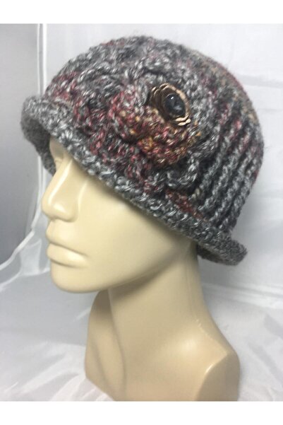 drt tasarım El Örgüsü Gri Kırçıllı Büyük Tığ Işi Çiçekli Kloş Şapka -