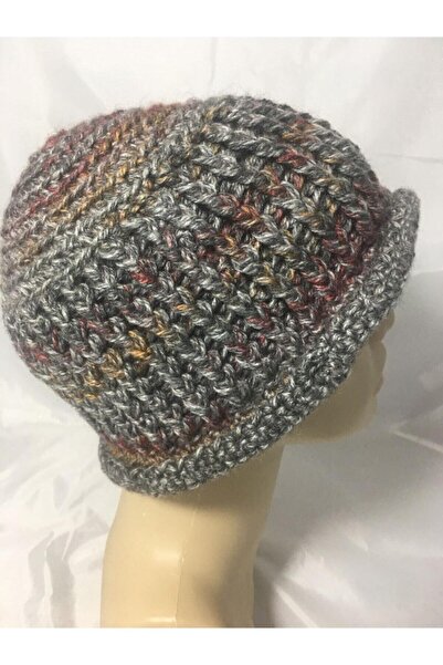 drt tasarım El Örgüsü Gri Kırçıllı Büyük Tığ Işi Çiçekli Kloş Şapka -