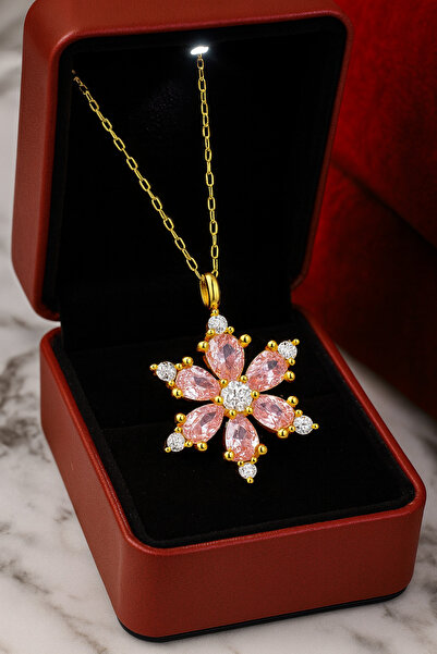 KAR DİAMOND 925 Ayar Gümüş Altın Kaplama Aşk Pembesi Lotus Çiçeği Kolye - Ser...