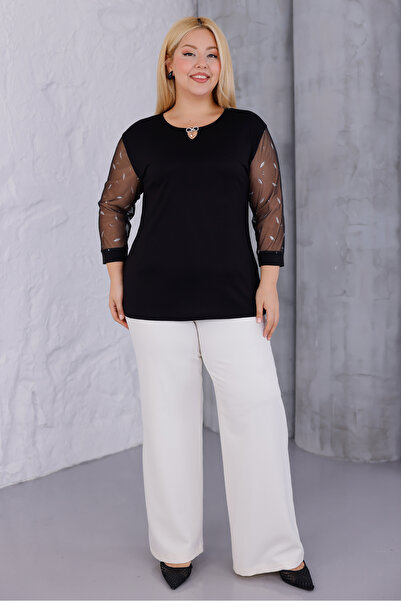 MAG FASHİON Plus Size Blouse Sleeves Lace Leaf Print 4 Seasons Tulle Detailed Stylish Blouse Plus Size