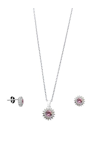 oya silver Minimal Klasik Anturaj Modeli Pembe Kuvars Taşlı Gümüş Kolye & Küp...