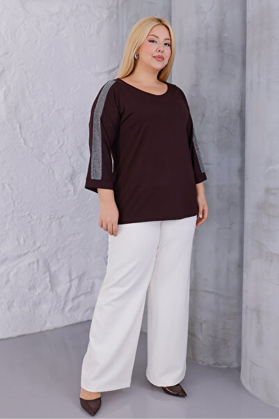 MAG FASHİON Γυναικεία μπλούζα μεγάλου μεγέθους με λαιμόκοψη σε σχήμα V και ασημί λάμψη