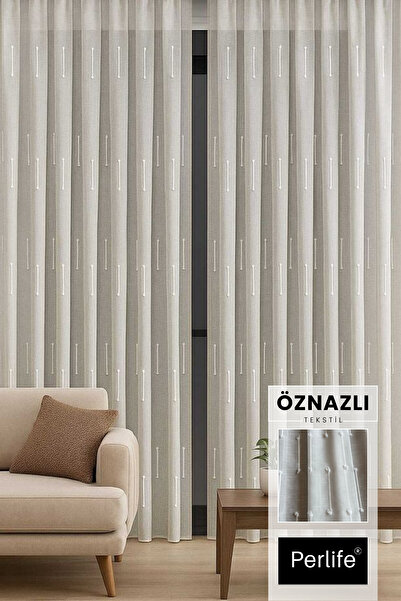 Perlife Gold ® Ponponlu Keten Tül Perde – Çubuk Desenli - Sık Pile | Tam Boy ...