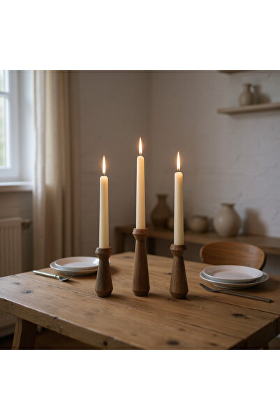 U Atölye Modern Rustik Mumluklar - Doğal Kayın Ağacından 3 Adet El Yapımı Kon...