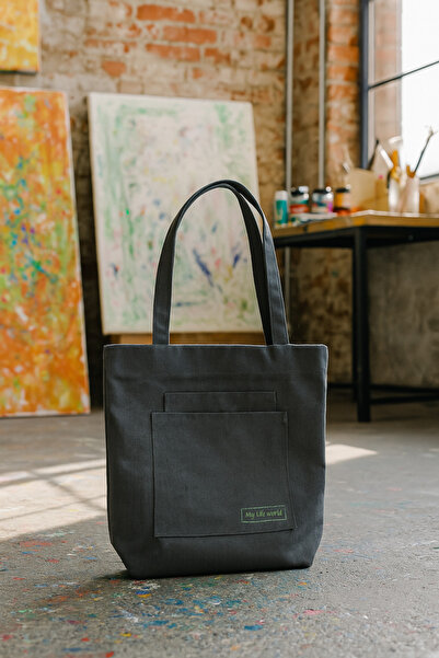 YUNUSOĞLU HOME Multi-Purpose Premium Single Snap Life Printed Gray Medium Size Canvas Hand and Shoulder Bag