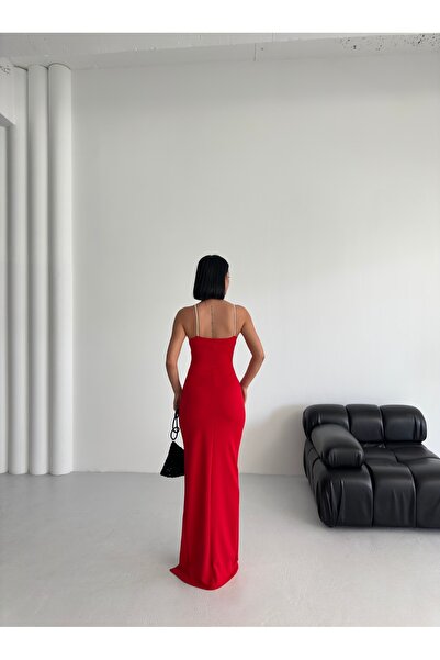 ALFUDO Moda Collection Scuba Kumaş Askı Taş Detay Ince Askılı Yırtmaçlı Abiye Elbise Kırmızı