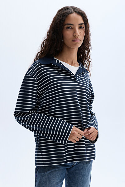 Mudo Loose Fit Striped Polo Neck Sweatshirt