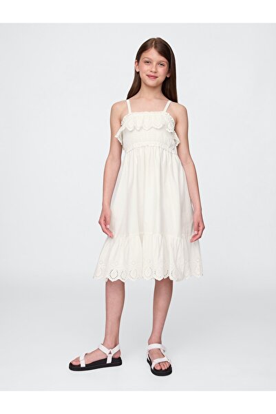 GAP Kız Çocuk Beyaz Kids Smocked Ruffle Midi Elbise