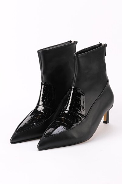 Mio Gusto Lisette Siyah Renk Fermuarlı, İnce Suni Kürk Astarlı Kısa Topuklu Kadın Bot