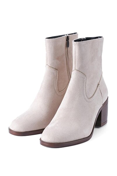 Mio Gusto Amory Bej Renk Fermuarlı, İnce Suni Kürk Astarlı Kalın Topuklu Kadın Bot