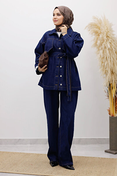 Tesettür Dünyası Kemerli Denim Takım TSD250231 Koyu Mavi