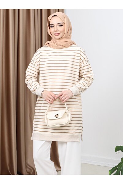 FABİMOD Women's Seasonal Loose Crew Neck Embroidered Striped Hijab Tunic Sports Model Seasonal Tunic