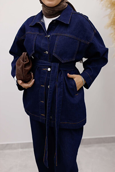 Tesettür Dünyası Kemerli Denim Takım TSD250231 Koyu Mavi