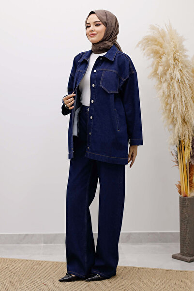 Tesettür Dünyası Kemerli Denim Takım TSD250231 Koyu Mavi