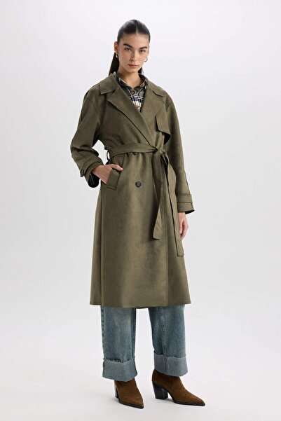 DeFacto Regular Fit Tuxedo Collar Long Suede Trench Coat with Belt Pockets D5799Ax25Sp