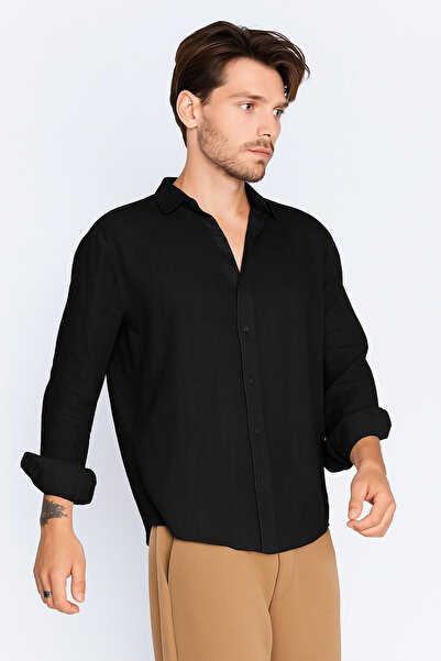 EDITION WOMAN Siyah %100 Saf Keten Kumaş Regular Kalıp Rahat Dökümlü Uzun Kol...