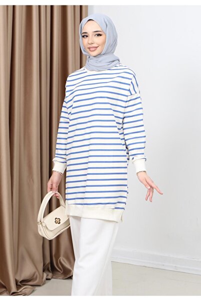 FABİMOD Women's Seasonal Loose Crew Neck Embroidered Striped Hijab Tunic Sports Model Seasonal Tunic