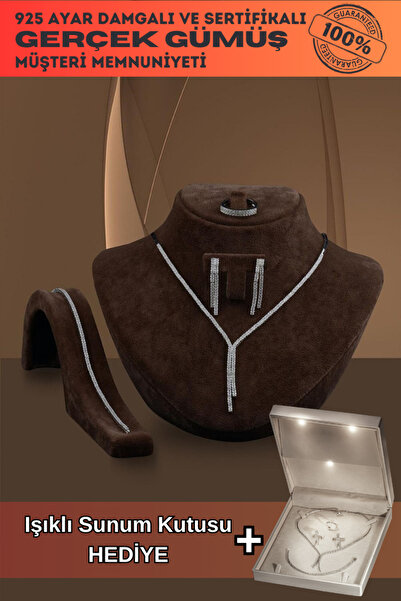 OSMANLI GÜMÜŞ Karis Zirkon Taşlı Gümüş Su Yolu Set - Kolye, Bileklik, Küpe, Yüzük Işıklı Kutuda