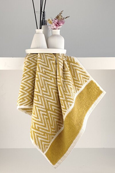 Sevim Фарбована рушник для рук/обличчя - 100% бавовна, м'яка, з зигзагоподібними смужками - 45x90 см - гірчичний