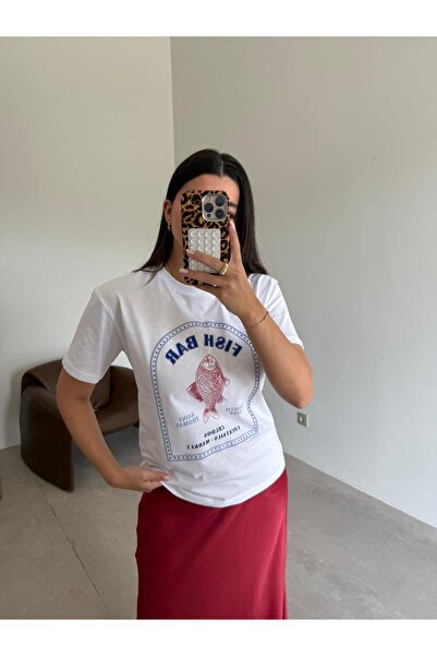 Bade Butik تي شيرت وايت فيش مطبوع ستون