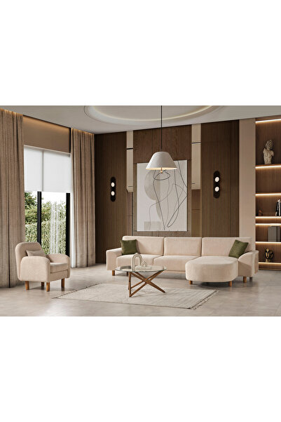Evondi Asya Köşe Koltuk Takımı 330x180 cm Mekanizmalı Silinebilir Kumaş Ahşap Ayaklı