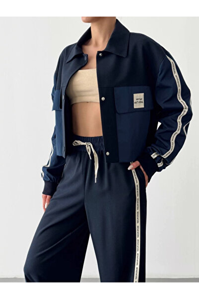 Myra Technical Fabric Stripe Detailed Short Jacket Navy Blue