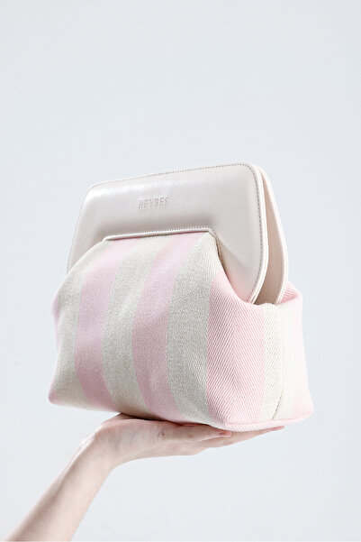 HEYBE'S Heybes Women's Pink Line Patterned Canvas Clutch Handbag
