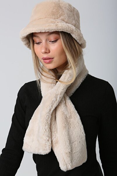 FELLMENS Beige Plush Neck Collar and Hat - Soft Textured Set of 2
