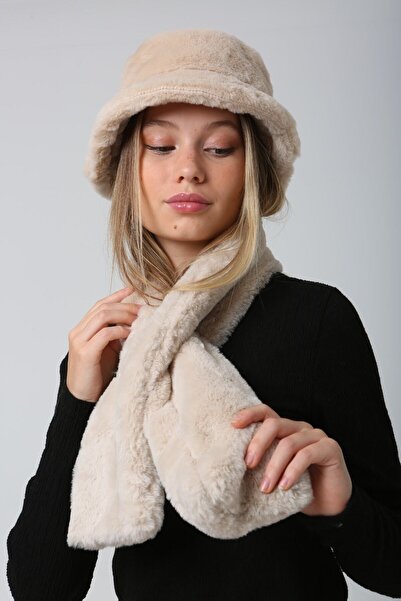 FELLMENS Beige Plush Neck Collar and Hat - Soft Textured Set of 2