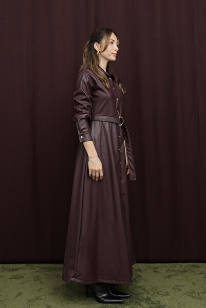 Loreen Γυναικείο δερμάτινο φόρεμα με ζώνη - 20709ELB - Μούρδιμ