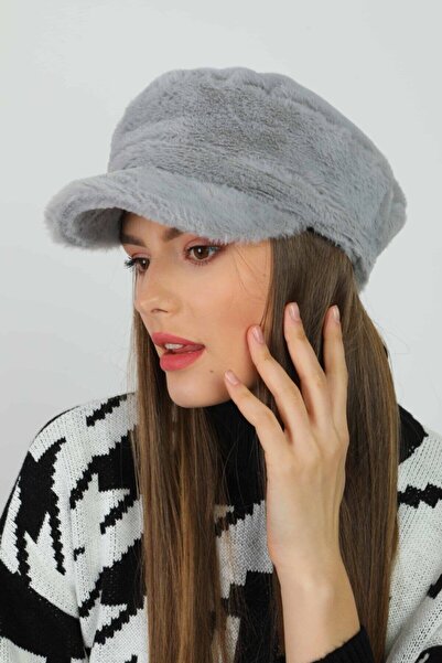 FELLMENS Gri Yumuşak Dokulu Peluş Kasket Kadın Şapka