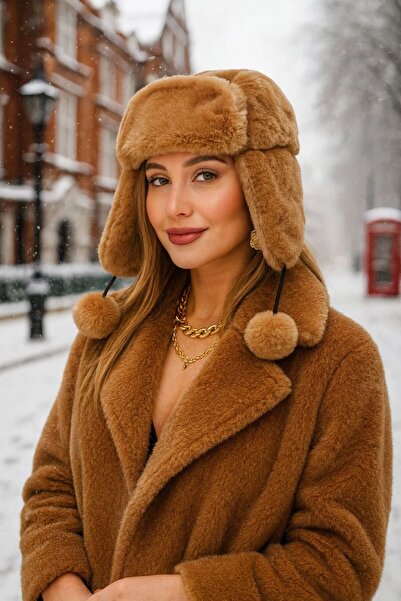 FELLMENS Camel Suni Kürklü Kulaklıklı Peluş Kadın Bere Şapka