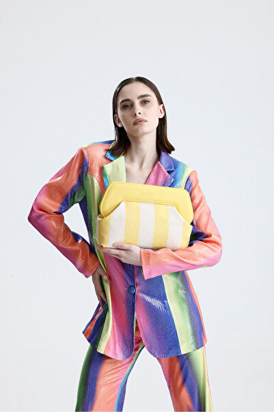 HEYBE'S Heybes Women's Yellow Line Patterned Canvas Clutch Handbag