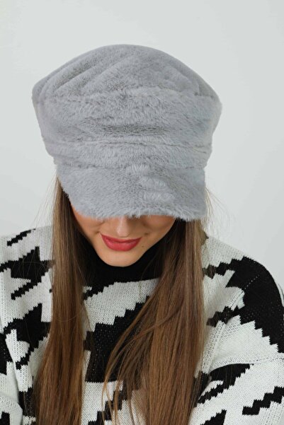 FELLMENS Gri Yumuşak Dokulu Peluş Kasket Kadın Şapka