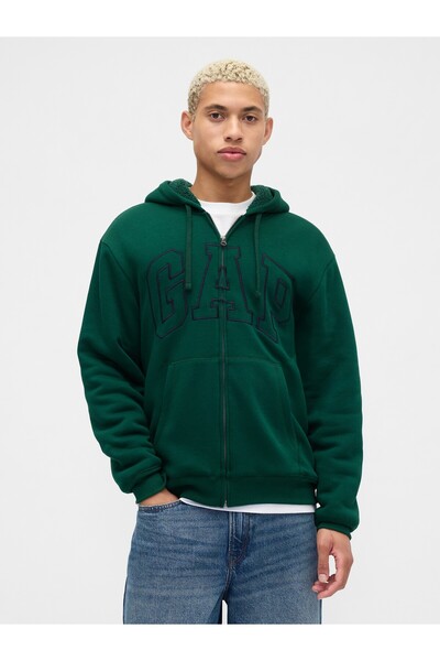 GAP Erkek Yeşil Relaxed Logo Sherpa Astarlı Fermuarlı Sweatshirt