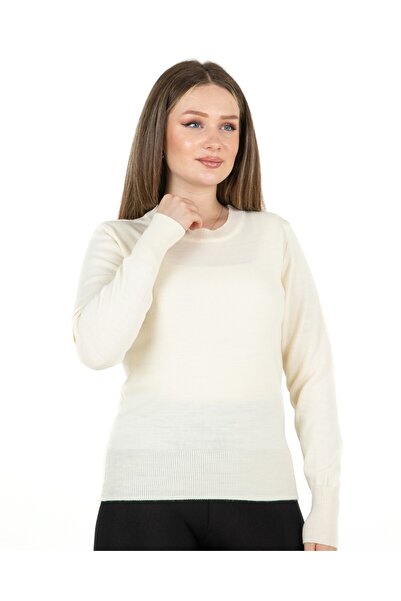 Sortie Pulover de tricotat pentru femei, culoare ecru, guler rotund croială o...