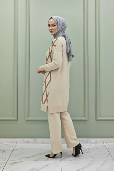 Mercan MÜJGAN TRİKO TAKIM Tesettür Giyim Rahat Kışlık Alt Üst İkili Takım Krem