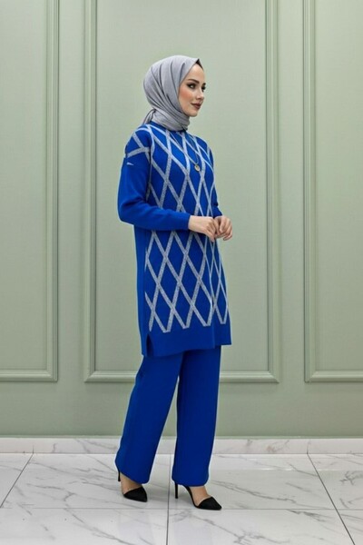 Mercan Müjgan Tri̇ko Takim Islamic Clothing Comfortable Winter Top and Bottom Two-Piece Set Saks Blue