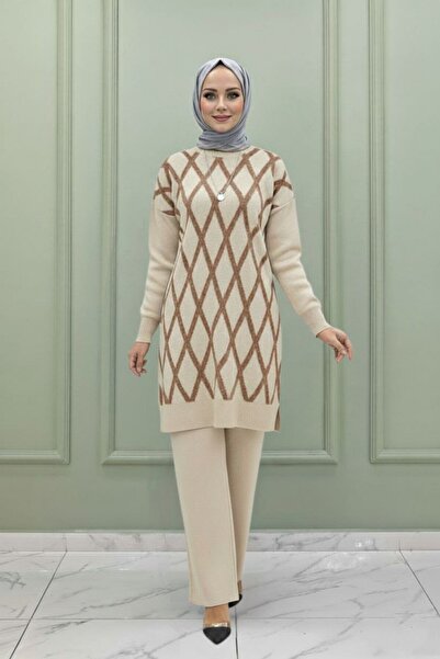 Mercan MÜJGAN TRİKO TAKIM Tesettür Giyim Rahat Kışlık Alt Üst İkili Takım Krem
