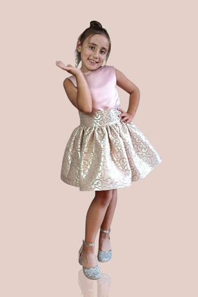 GİST KIZ ÇOCUK PUDRA SIRT DETAYLI SATEN ABİYE ELBİSE