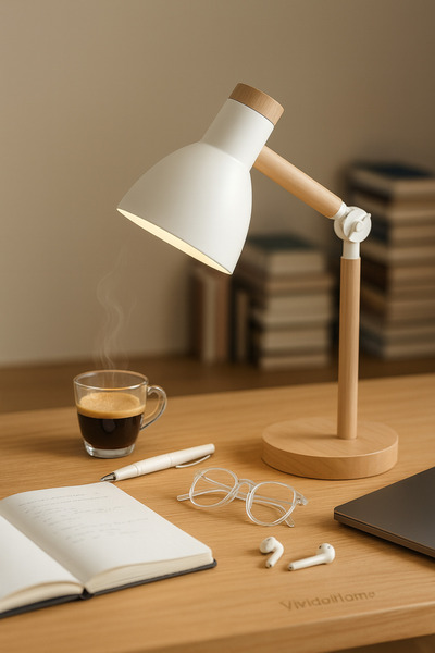 Vivido Home Doğal Ahşap İskandinav Beyaz Masa Lambası