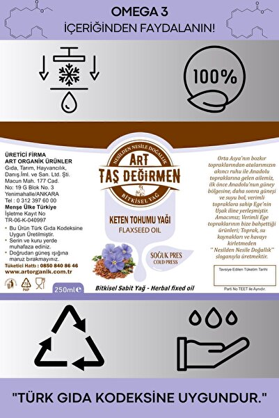Art Taş Değirmen %100 Saf, Doğal Keten Tohumu Yağı 250 ml Soğuk Sıkım (HEDİYE ÜRÜN FIRSATI)