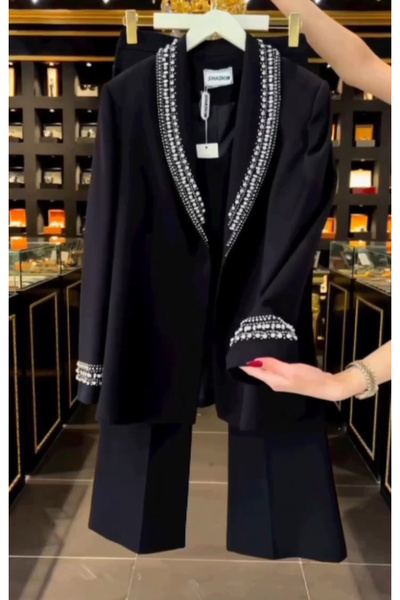 MODA Özel tasarım 3 LÜ takım taş işlemli çok zarif bluz taşlı ceket pantolon ...