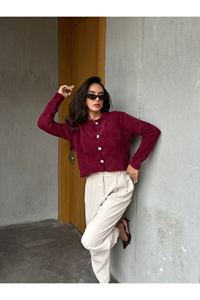 minaaise Women's Burgundy Soft Textured Cardigan with Stone Button Detail 5559