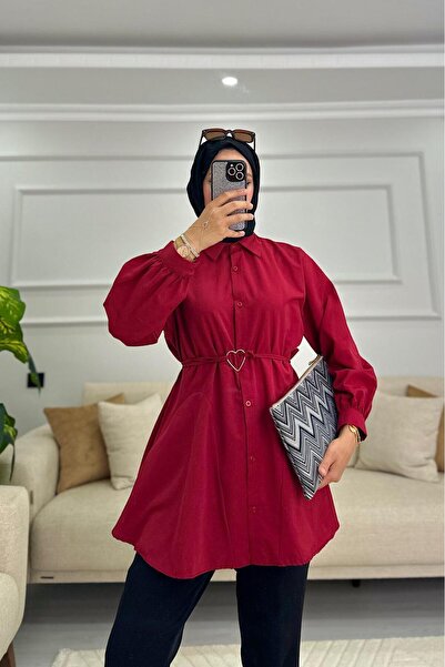 HİFADEN Kadın Belden Bağlamalı Kalpli Toka Detaylı Tesettür Gömlek MankenBoy:1.67 Kg:62