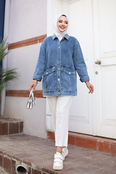 HARMAN BUTİK Жіноча джинсова куртка з вишивкою з каменів та кишенями