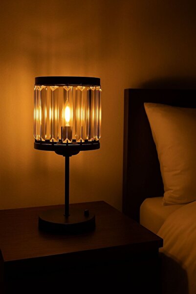 VENON Zeynur Masa Lambası Kt Siyah Taşlı Gece Lambası Kristal Masa Lambası