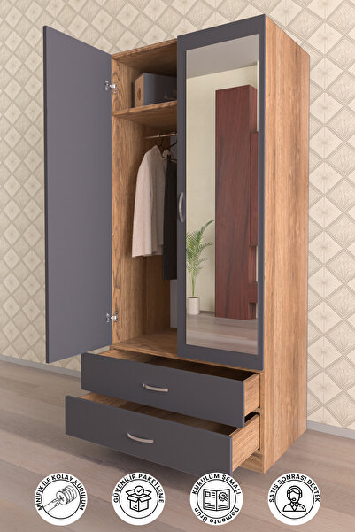 hediye kapında "Alelia" Aynalı Gardırop 5 Raflı Askılı 2 Çekmeceli Elbise Dolabı